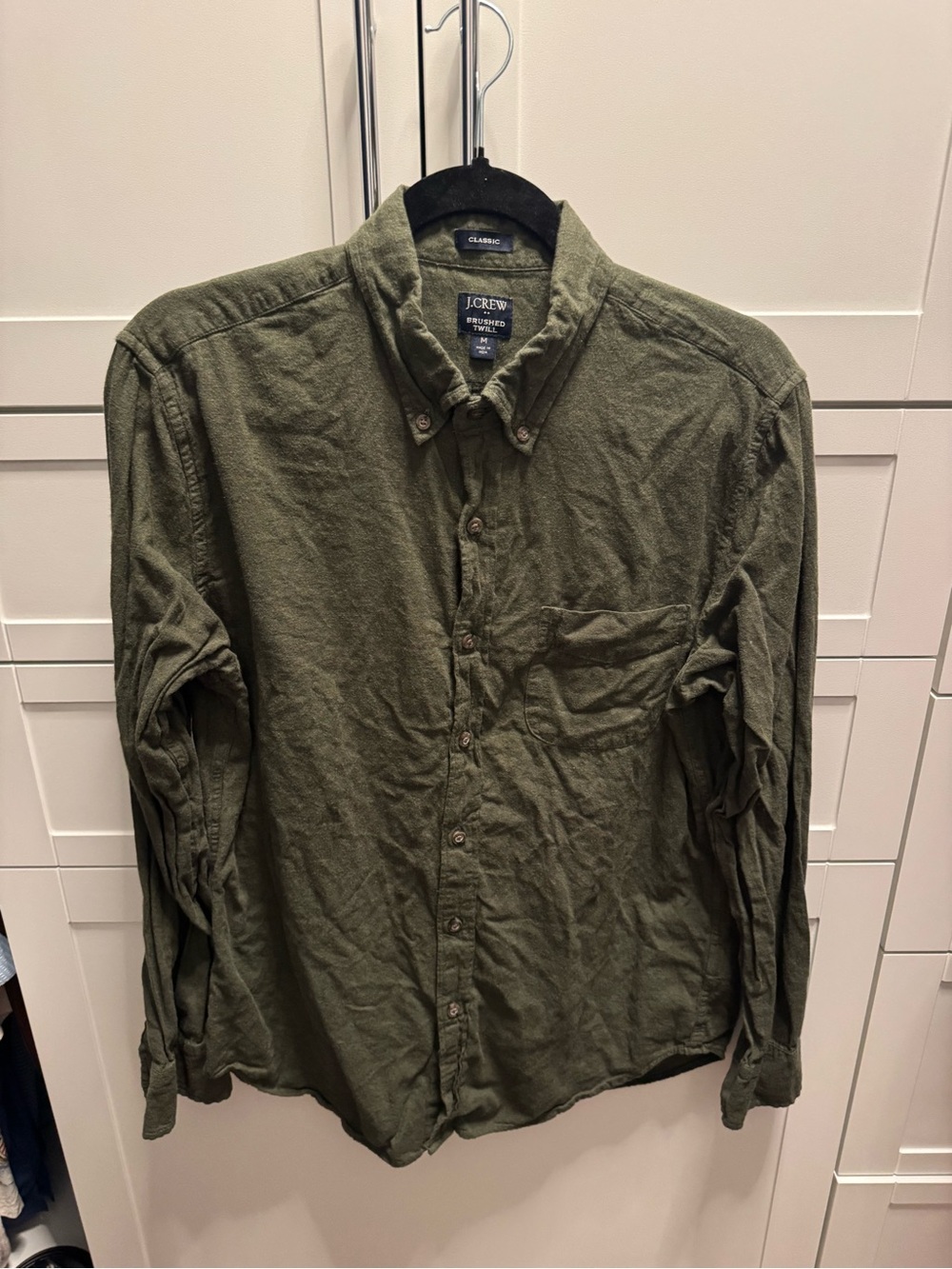 J. Crew Men’s Olive Button-Down Long Sleeve Shirt, Brushed Twill, Classic Fit